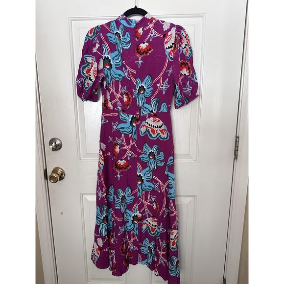Diane Von Furstenberg Dress Womens 0 Purple Blue Floral Print Midi Puff Sleeve - Picture 6 of 7